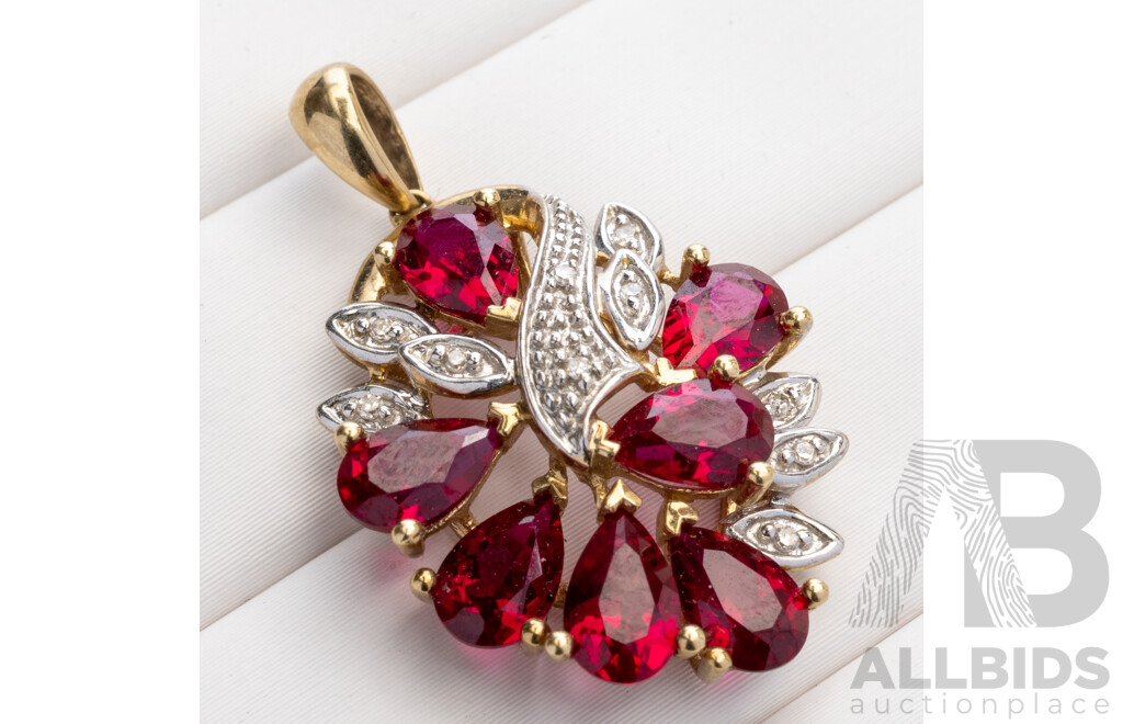 9ct Ruby & Diamond Cluster Pendant, TDW 0.05ct, 29mm, 2.72 Grams