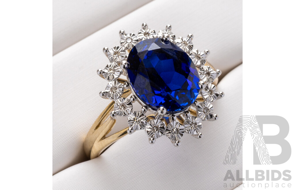 9ct Created Sapphire & Diamond Halo Ring, Est TDW 0.10ct, Size O, 3.28 Grams