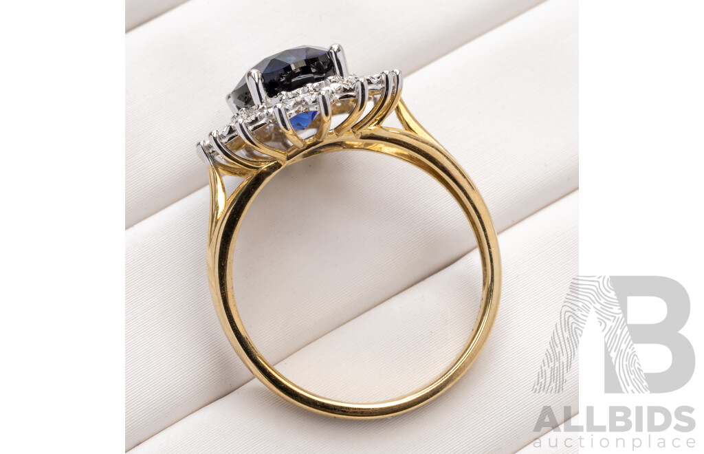 9ct Created Sapphire & Diamond Halo Ring, Est TDW 0.10ct, Size O, 3.28 Grams