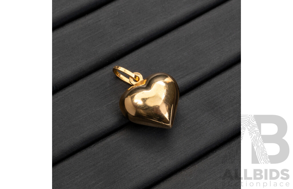 9ct Puffy Heart Pendant/Charm, 20mm Long, 1.26 Grams