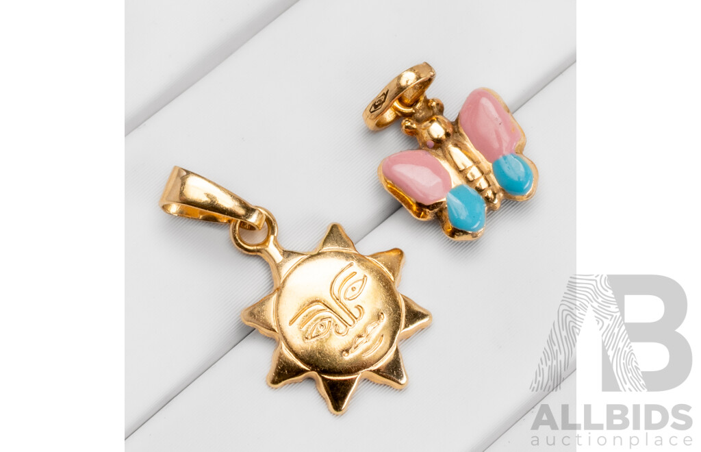 9ct Sun Charm & 9ct Enamel Butterfly Charm, Both as New, 0.97 Grams