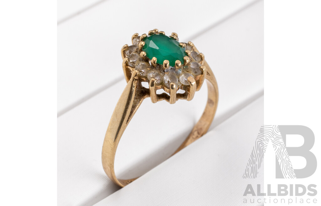 Vintage 9ct Emerald & White Sapphire Halo Ring, Size L, 1.65 Grams