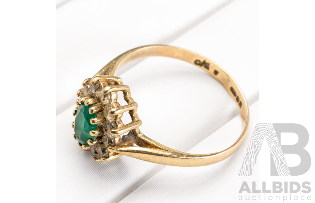 Vintage 9ct Emerald & White Sapphire Halo Ring, Size L, 1.65 Grams