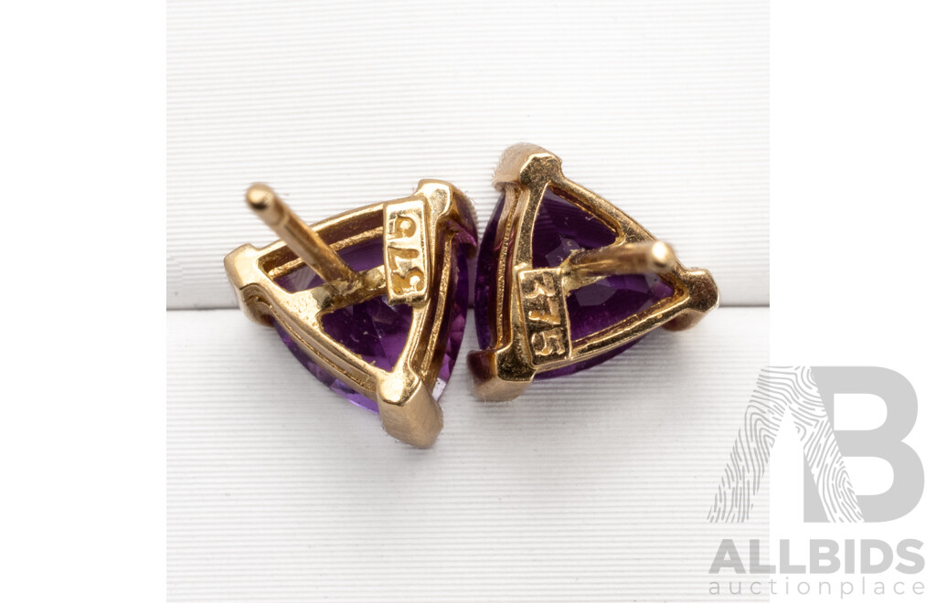 9ct Amethyst Trilliant Cut Stud Earrings, 6.8mm, 1.28 Grams