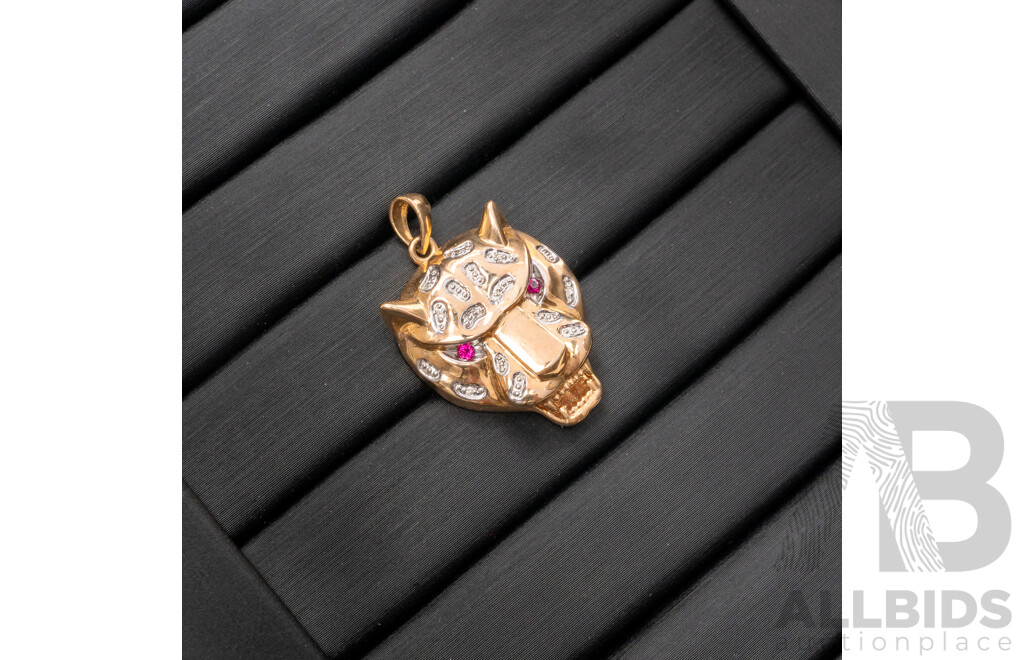 Angus & Coote 9ct Diamond & Ruby Set Jaguar Head Pendant, 27mm Long, 3.01 Grams