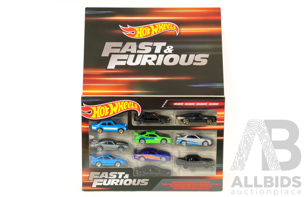 Boxed Hot Wheels Fast & Furious Ten Car Set Including Nissan, Dodge, Mitsubishi, Porsche, Ford, Buick