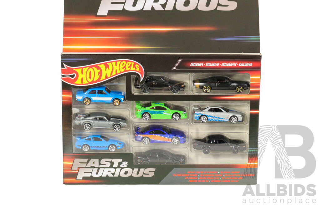 Boxed Hot Wheels Fast & Furious Ten Car Set Including Nissan, Dodge, Mitsubishi, Porsche, Ford, Buick