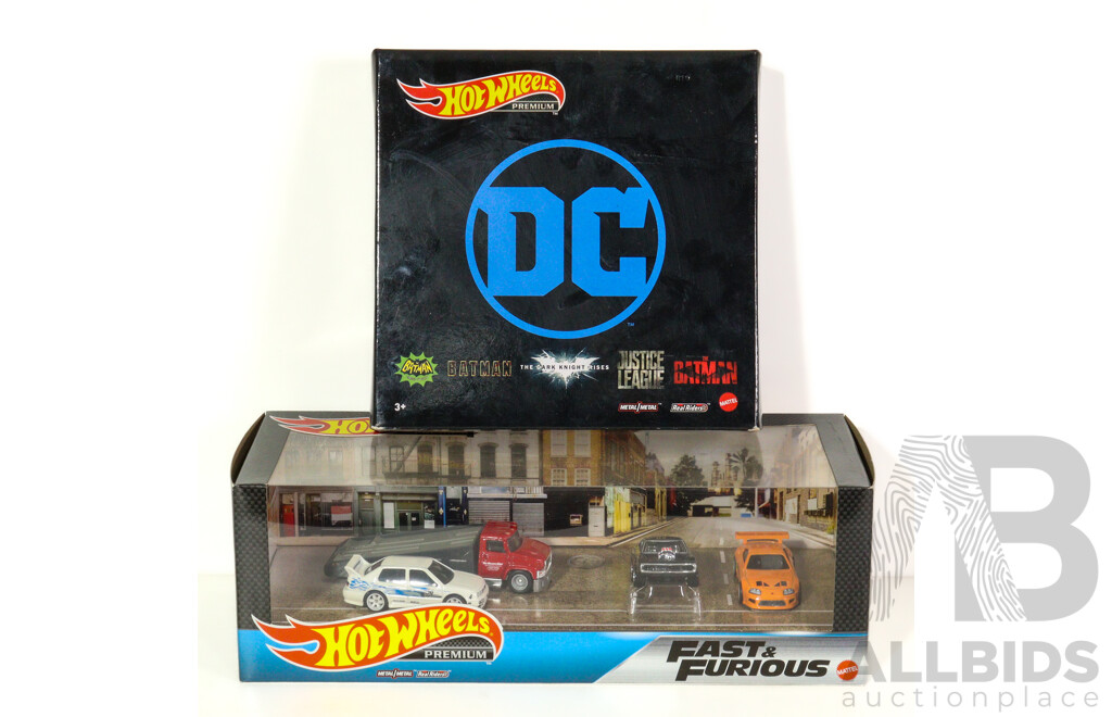 Boxed Hot Wheels Premium Fast & Furious Street Scene Set and DC Batman Five Vehicle Set