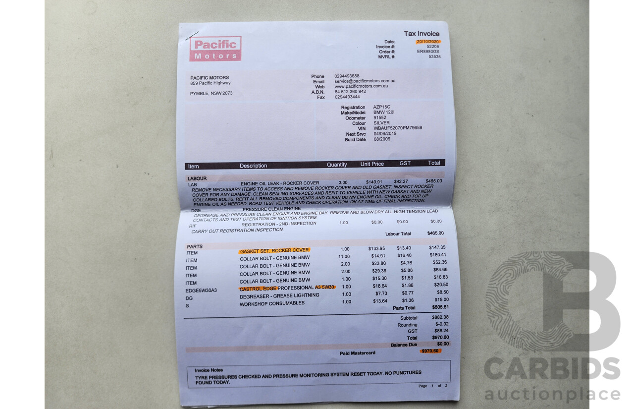 10/2006 Bmw 1 20i E87 5d Hatchback Silver 2.0L