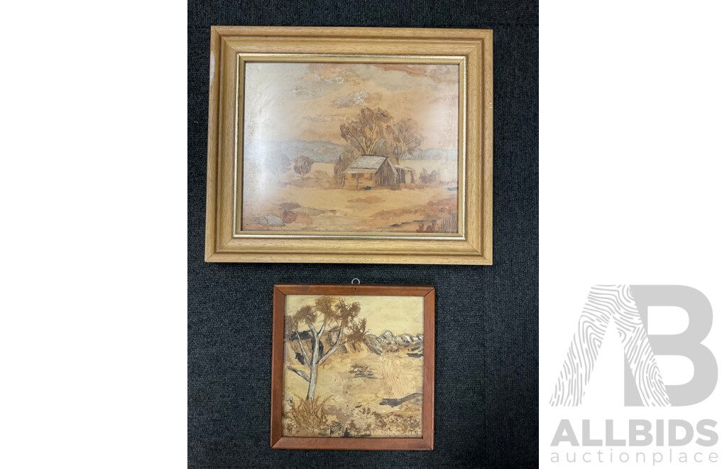 Artist Unknown - K.Shepherd,  ''The Settlers Hut'' - Paperbark Collage 31x26 Cm (frame) &  ''Scenery'' - Paperbark Collage 18x18 Cm (frame)
