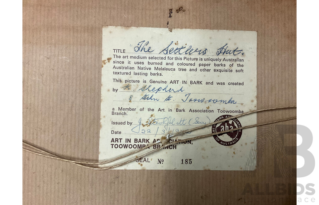 Artist Unknown - K.Shepherd,  ''The Settlers Hut'' - Paperbark Collage 31x26 Cm (frame) &  ''Scenery'' - Paperbark Collage 18x18 Cm (frame)