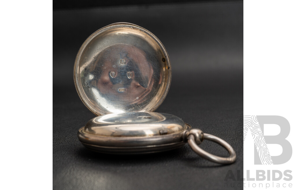 Antique Sterling Silver W Cross London Hunter Key Wind Lever Pocket Watch, 48mm, 103.48 Grams