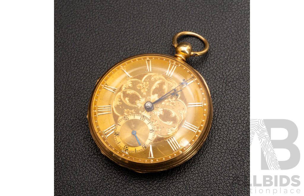 18ct Antique Gilbert & Son Open Face Pocket Watch, Circa 1856, Key Included & Working, 70.27 Grams