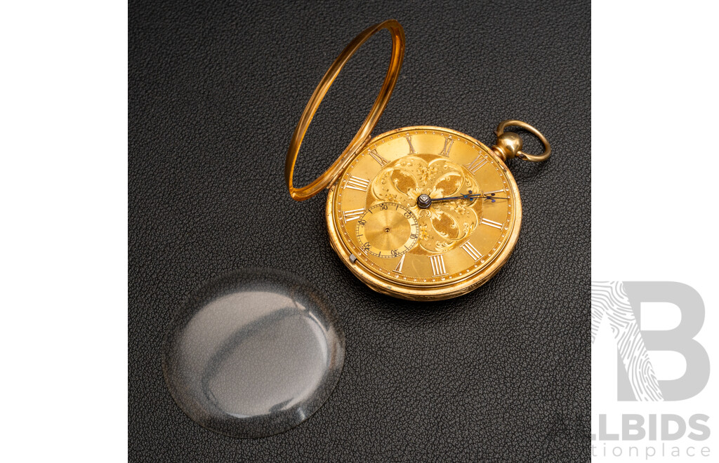 18ct Antique Gilbert & Son Open Face Pocket Watch, Circa 1856, Key Included & Working, 70.27 Grams