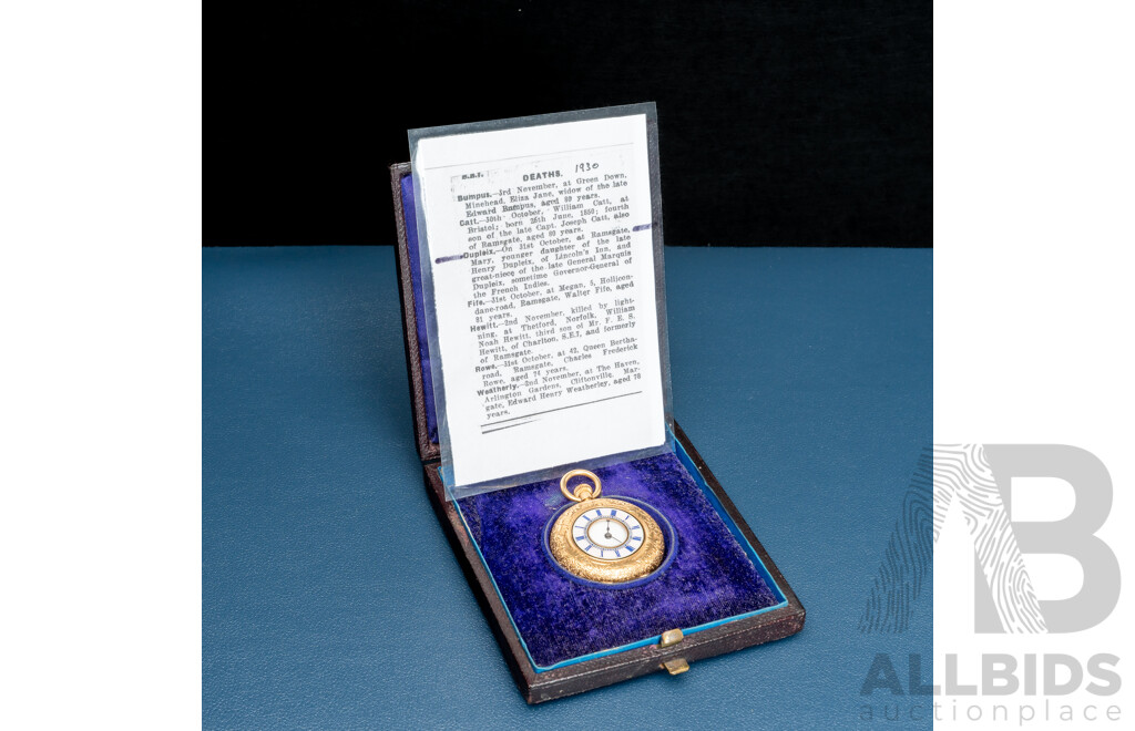 RARE - 18ct Yellow Gold & Enamel Half Hunter Pocket Watch, Inscription 1878, Original Presentation Box, 35.94  Grams