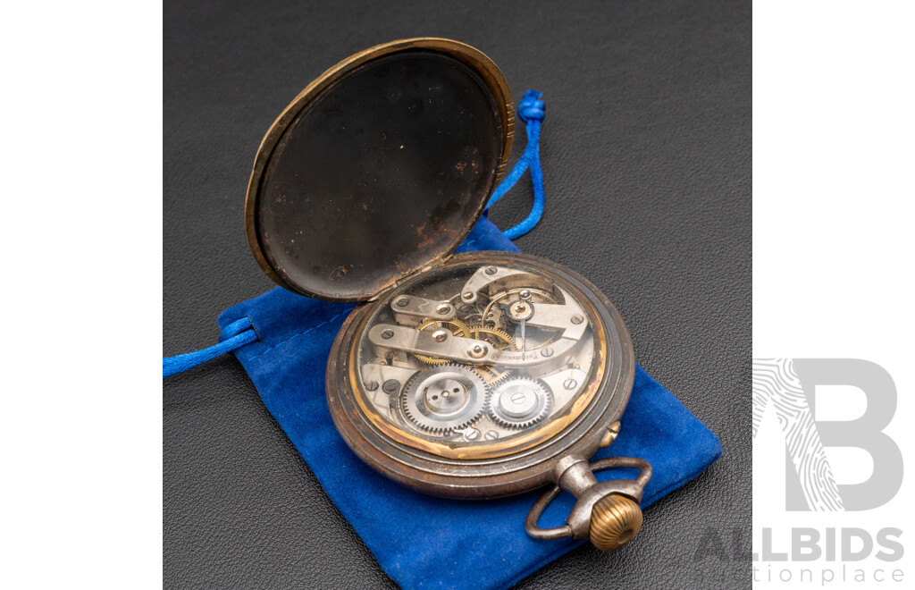 Antique 63mm Goliath Open Face Pocket Watch, Gunmetal & Gilt