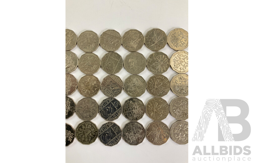 Fifty Australian Commemorative Fifty Cent Coins Including 1998 Bass/Flinders, 1994 Year of the Family, 2001 Federation, 2003 Volunteers, 1982 Commonwealth Games, 1995 Weary Dunlop, 1988 Bicentennial.......