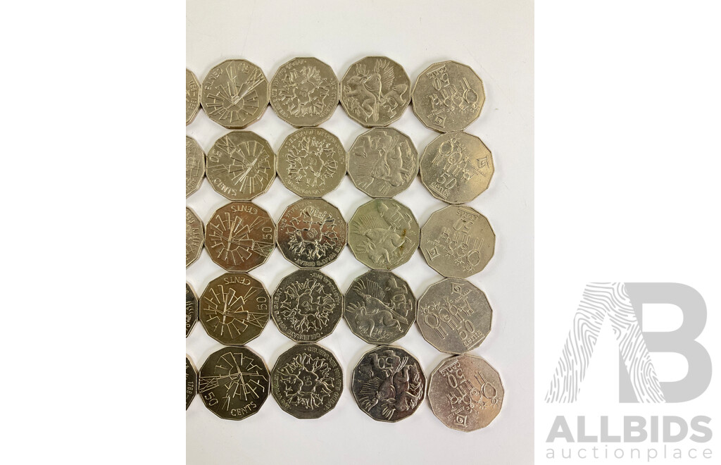 Fifty Australian Commemorative Fifty Cent Coins Including 1998 Bass/Flinders, 1994 Year of the Family, 2001 Federation, 2003 Volunteers, 1982 Commonwealth Games, 1995 Weary Dunlop, 1988 Bicentennial.......