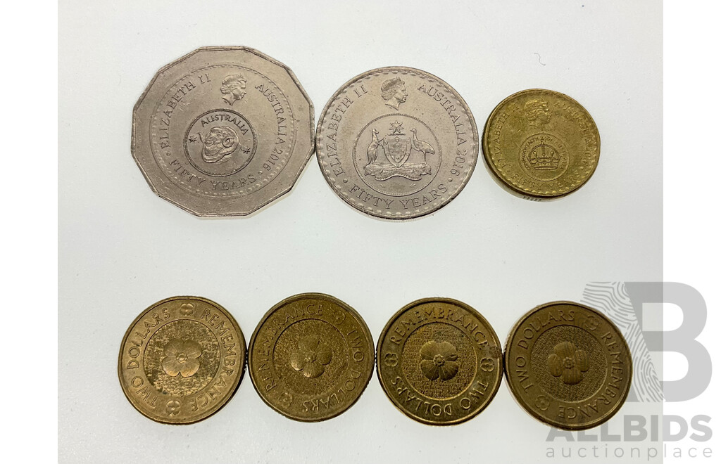 Australian 2016 Commemorative Two Dollar, Fifty Cent and Twenty Cent Coin, 50 Years of Decimal Currency with Four 2012 Two Dollars, Remembrance