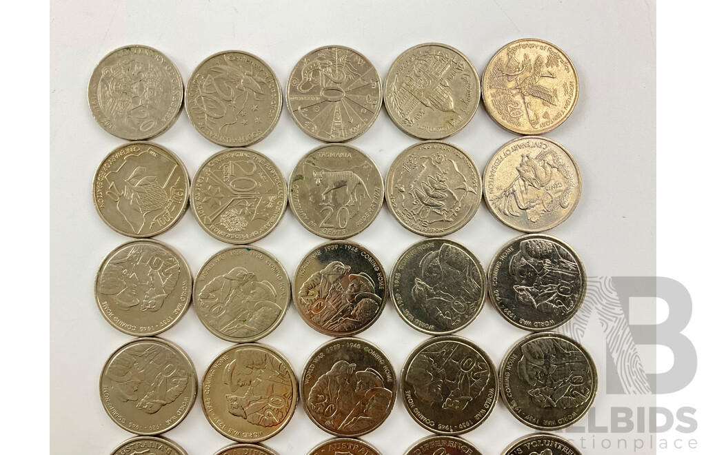 Australian Commemorative Twenty Cent Coins Including 2001 Federation Ten Coin Set, Three 2010 Tax Office Centenary, Ten 2005 WW2 Coming Home, Seven 2003 Volunteers