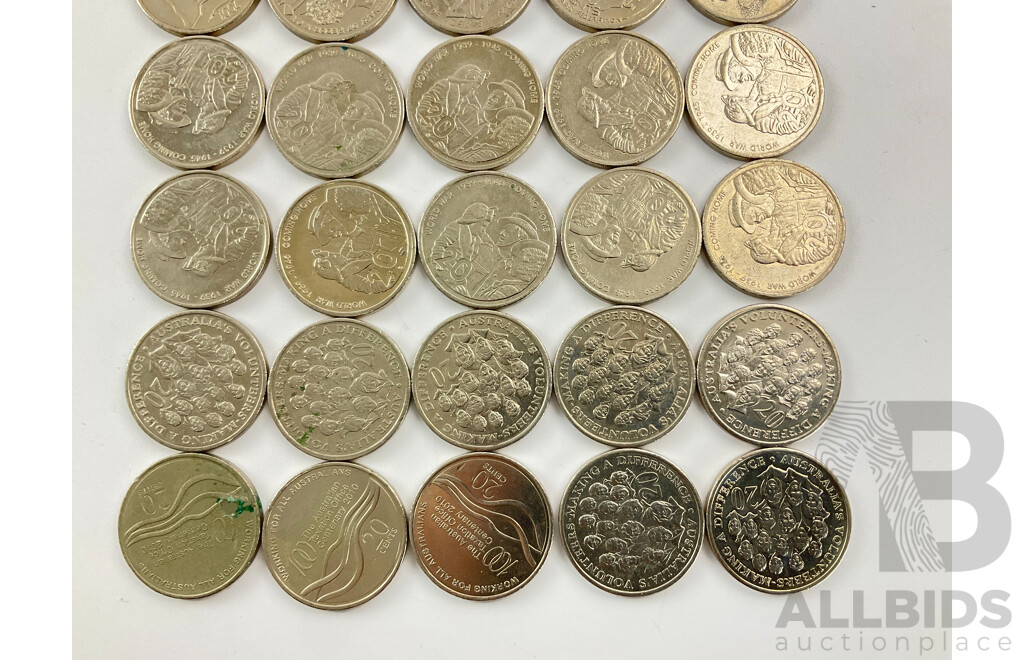 Australian Commemorative Twenty Cent Coins Including 2001 Federation Ten Coin Set, Three 2010 Tax Office Centenary, Ten 2005 WW2 Coming Home, Seven 2003 Volunteers