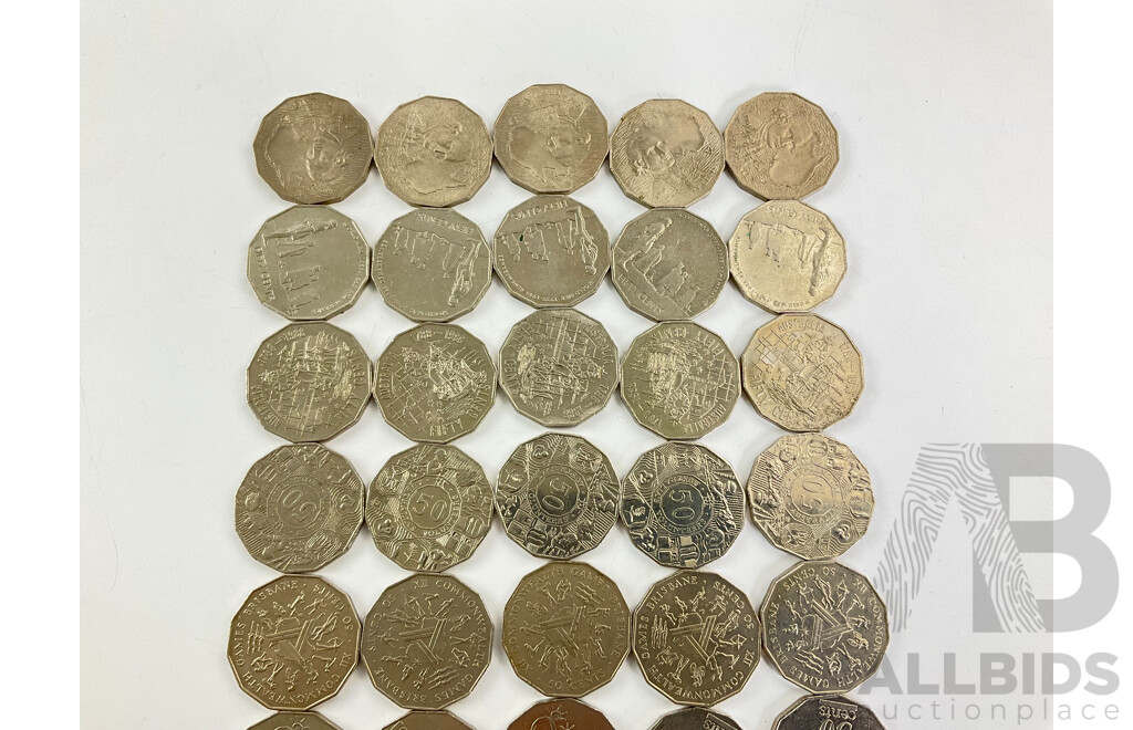 Fifty Australian Commemorative Fifty Cent Coins Including 1970 Captain Cook, 2005 Remembrance, 1982 Commonwealth Games, 1988 Bicentennial, 2003 Volunteers, 1977 Jubilee, 2001 Federation................