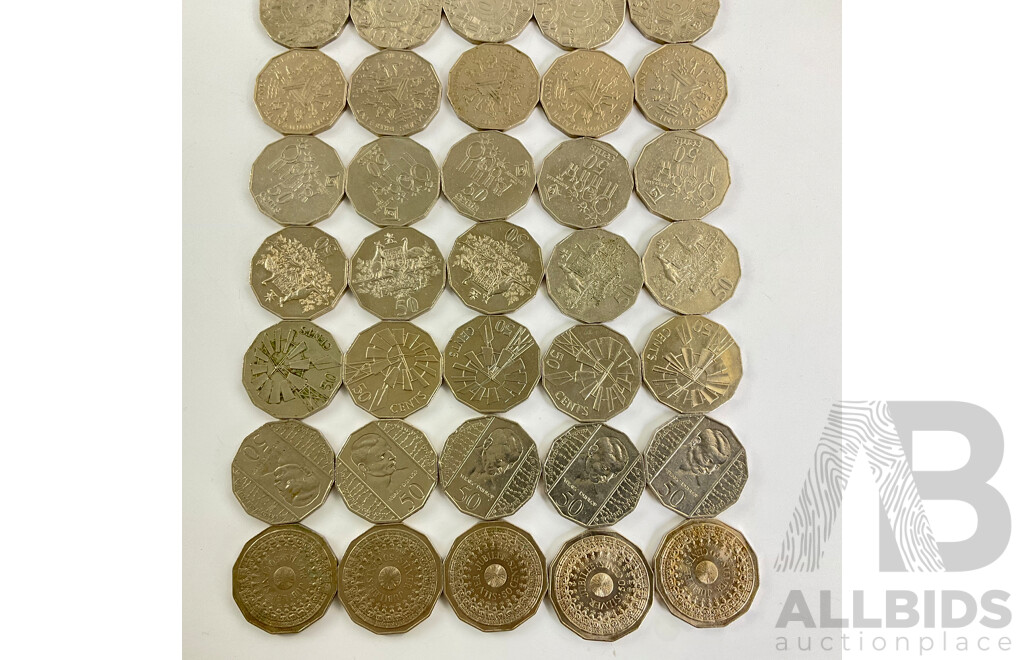 Fifty Australian Commemorative Fifty Cent Coins Including 1970 Captain Cook, 2005 Remembrance, 1982 Commonwealth Games, 1988 Bicentennial, 2003 Volunteers, 1977 Jubilee, 2001 Federation................