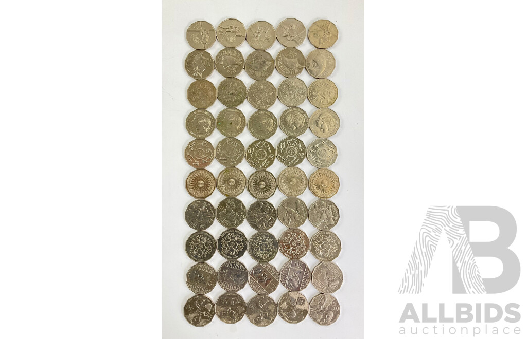 Fifty Australian Commemorative Fifty Cent Coins Including 2000 Milenium, 1981 Charles and Diana, 2001 Royal Visit, 1982 Commonwealth Games, 1977 Jubilee, 2004 Student Design, 2010 Australia Day..........