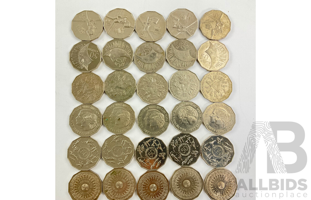 Fifty Australian Commemorative Fifty Cent Coins Including 2000 Milenium, 1981 Charles and Diana, 2001 Royal Visit, 1982 Commonwealth Games, 1977 Jubilee, 2004 Student Design, 2010 Australia Day..........