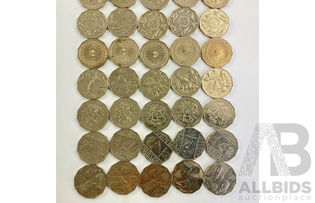 Fifty Australian Commemorative Fifty Cent Coins Including 2000 Milenium, 1981 Charles and Diana, 2001 Royal Visit, 1982 Commonwealth Games, 1977 Jubilee, 2004 Student Design, 2010 Australia Day..........
