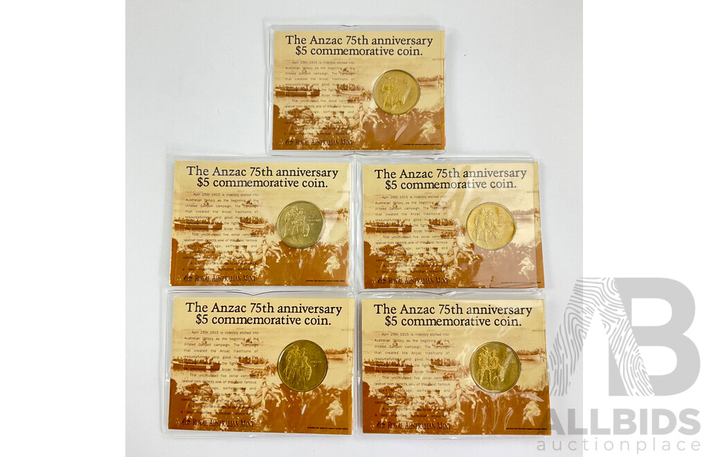 Five Australian RAM 1990 Five Dollar Coins, ANZAC 75th Anniversary