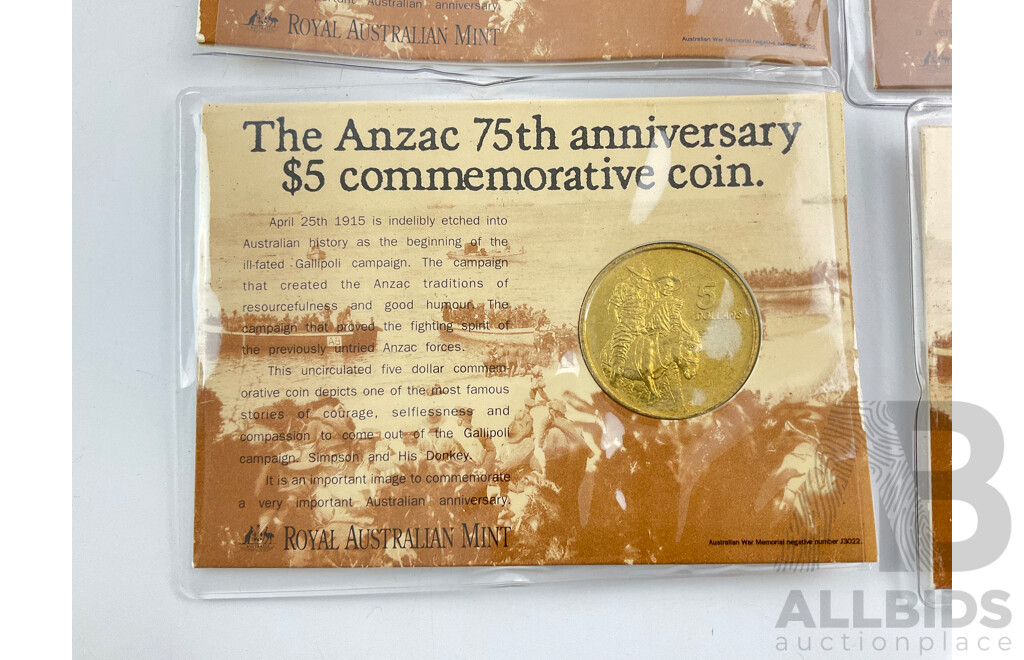Five Australian RAM 1990 Five Dollar Coins, ANZAC 75th Anniversary