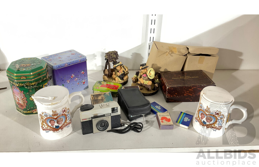 Vintage Kodak Instamatic 25, Boxed David Jones German Gent's Razor and Brush, Two 1981 Charles and Diana Wedding Mugs, Musical Tins, Resin Lover Bears