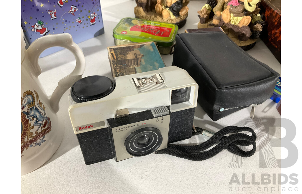 Vintage Kodak Instamatic 25, Boxed David Jones German Gent's Razor and Brush, Two 1981 Charles and Diana Wedding Mugs, Musical Tins, Resin Lover Bears