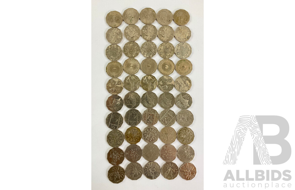 Fifty Australian Commemorative Fifty Cent Coins Including 1970 Captain Cook, 2003 Volunteers, 1977 Jubilee, 2000 Millennium, 2001 Federation, 1998 Bass/Flinders, 1995 Weary Dunlop........