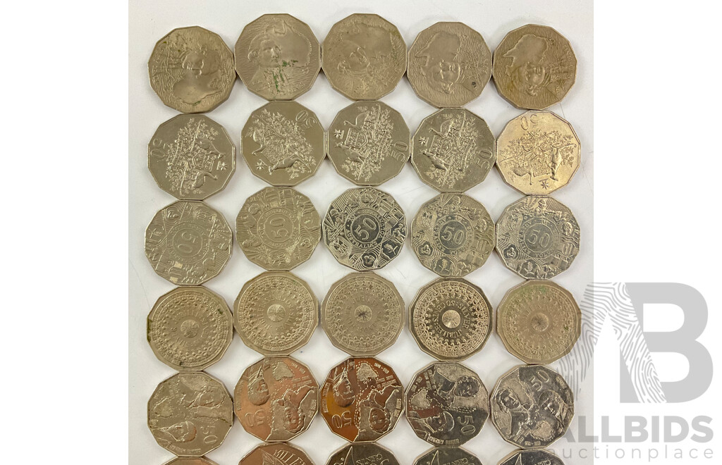 Fifty Australian Commemorative Fifty Cent Coins Including 1970 Captain Cook, 2003 Volunteers, 1977 Jubilee, 2000 Millennium, 2001 Federation, 1998 Bass/Flinders, 1995 Weary Dunlop........