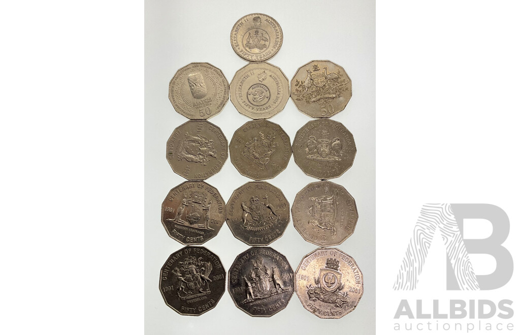 Australian 2001 Fifty Cent Coin Federation Set with 2014 AIATIS and 2016 Fifty Years Decimal Currency Fifty and Twenty Cent