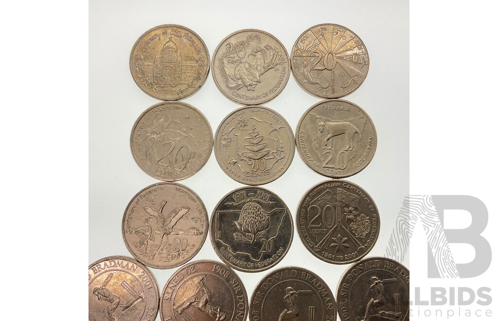 Australian 2001 Twenty Cent Federation Coin Set with Twelve 2001 Twenty Cent Coins, Donald Bradman