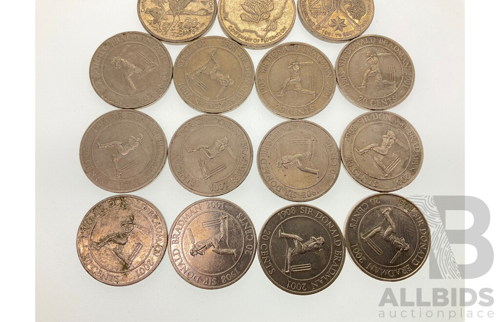 Australian 2001 Twenty Cent Federation Coin Set with Twelve 2001 Twenty Cent Coins, Donald Bradman