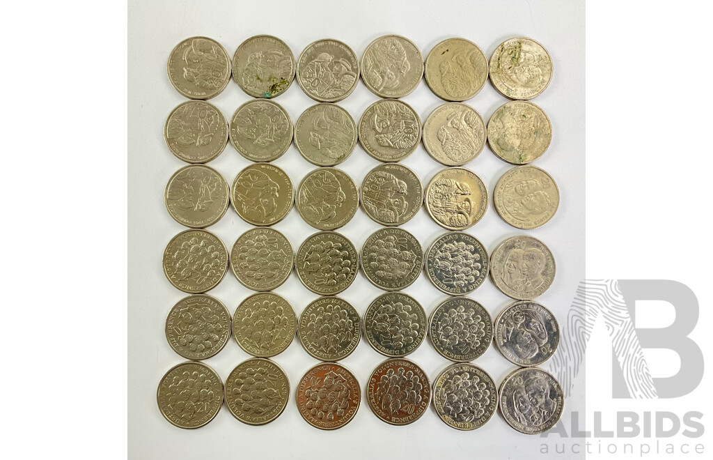 Thirty Six  Australian Commemorative Twenty Cent Coins Including Fifteen 2003 Volunteers and Fifteen 2005 WW2 Coming Home, Six 2011 William and Kate Wedding