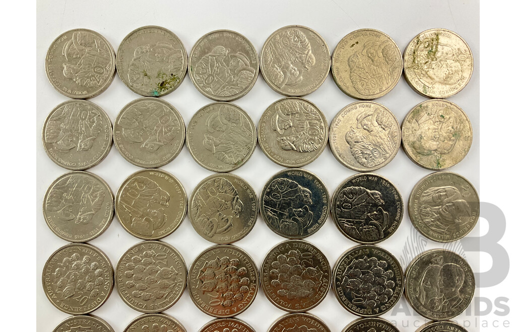 Thirty Six  Australian Commemorative Twenty Cent Coins Including Fifteen 2003 Volunteers and Fifteen 2005 WW2 Coming Home, Six 2011 William and Kate Wedding