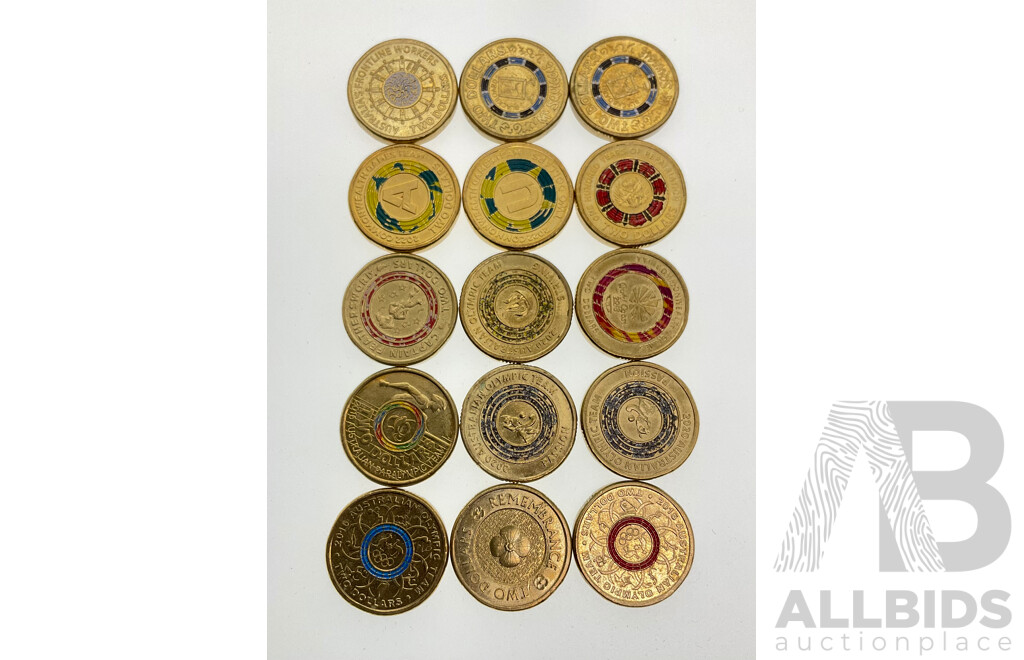 Fifteen Australian Commemorative Two Dollar Coins Including 2022 Frontline Workers, 2019 100 Years Repatriation, 2020 Olympic, 2022 Commonwealth Games A, U, 2019 Black Board, 2021 Captain Feathersword............