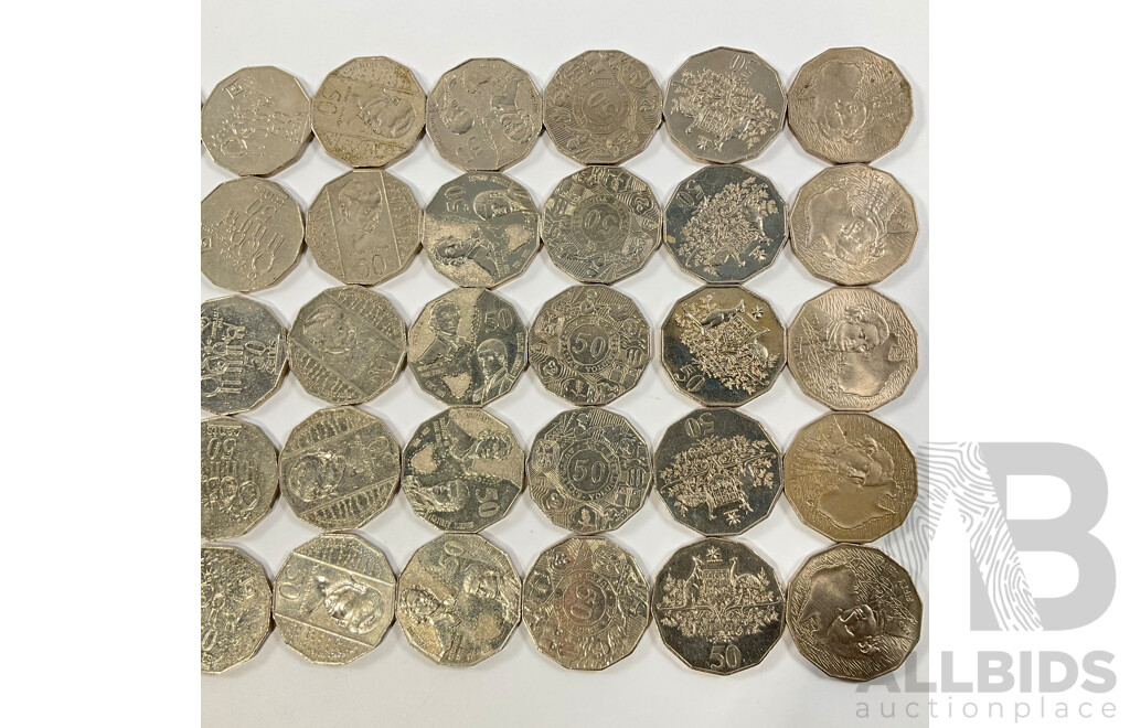 Fifty Australian Commemorative Fifty Cent Coins Including 1995 Weary Dunlop, 1982 Commonwealth Games, 1988 Bicentennial, 2000 Millennium, 1998 Flinders/Bass, 1977 Jubilee......