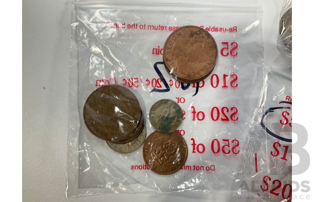 Collection of New Zealand Coins Including One Cents, Two Cents, Five Cents, Ten Cents, Twenty Cents, One Dollars, Shilling, Sixpence Penny, Half Penny - Approximately 2.5 Kilograms