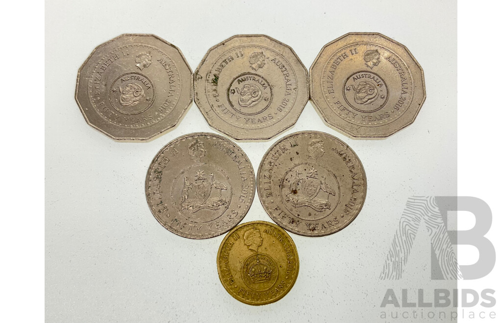 Australian 2016 Fifty Years of Decimal Currency Coins Including Two Dollars, Three Fifty Cents, Two Twenty Cents
