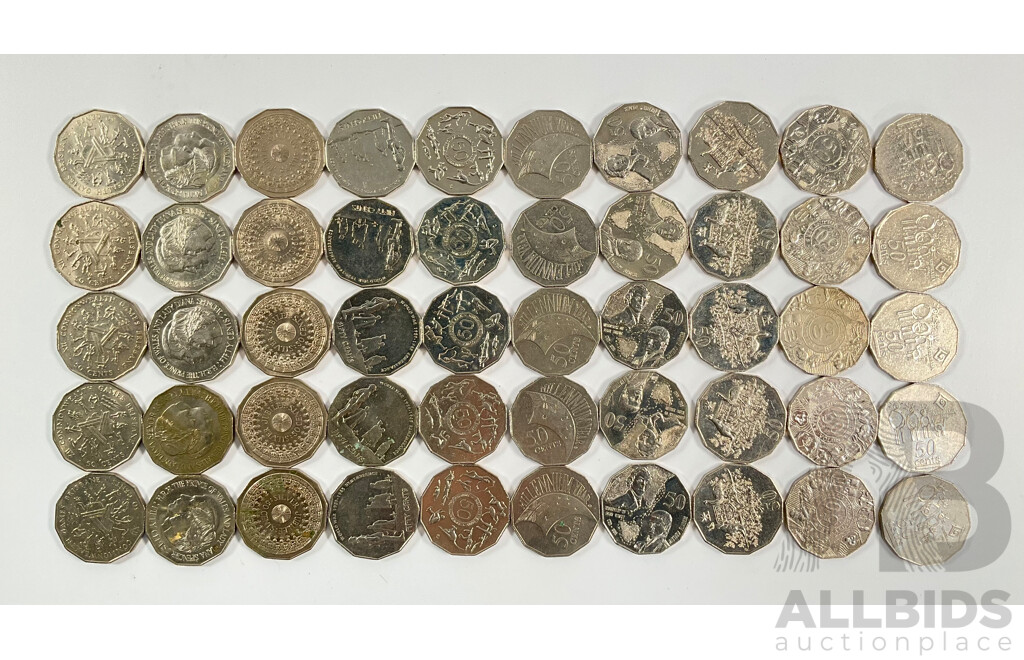 Fifty Australian Commemorative Fifty Cent Coins Including 1998 Bass/Flinders, 1994 Year of the Family, 2001 Federation, 2003 Volunteers, 1982 Commonwealth Games, 1995 Weary Dunlop, 2005 Remembrance.........