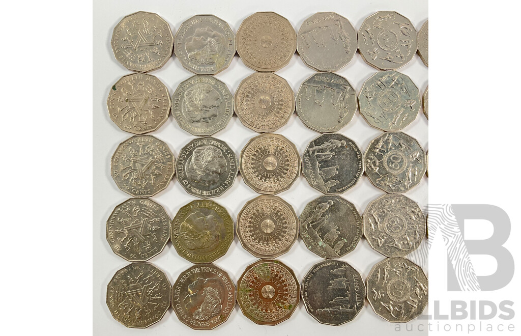 Fifty Australian Commemorative Fifty Cent Coins Including 1998 Bass/Flinders, 1994 Year of the Family, 2001 Federation, 2003 Volunteers, 1982 Commonwealth Games, 1995 Weary Dunlop, 2005 Remembrance.........