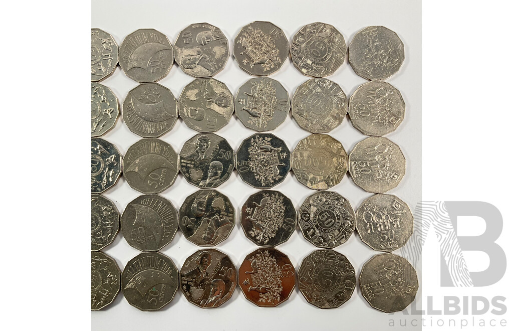 Fifty Australian Commemorative Fifty Cent Coins Including 1998 Bass/Flinders, 1994 Year of the Family, 2001 Federation, 2003 Volunteers, 1982 Commonwealth Games, 1995 Weary Dunlop, 2005 Remembrance.........