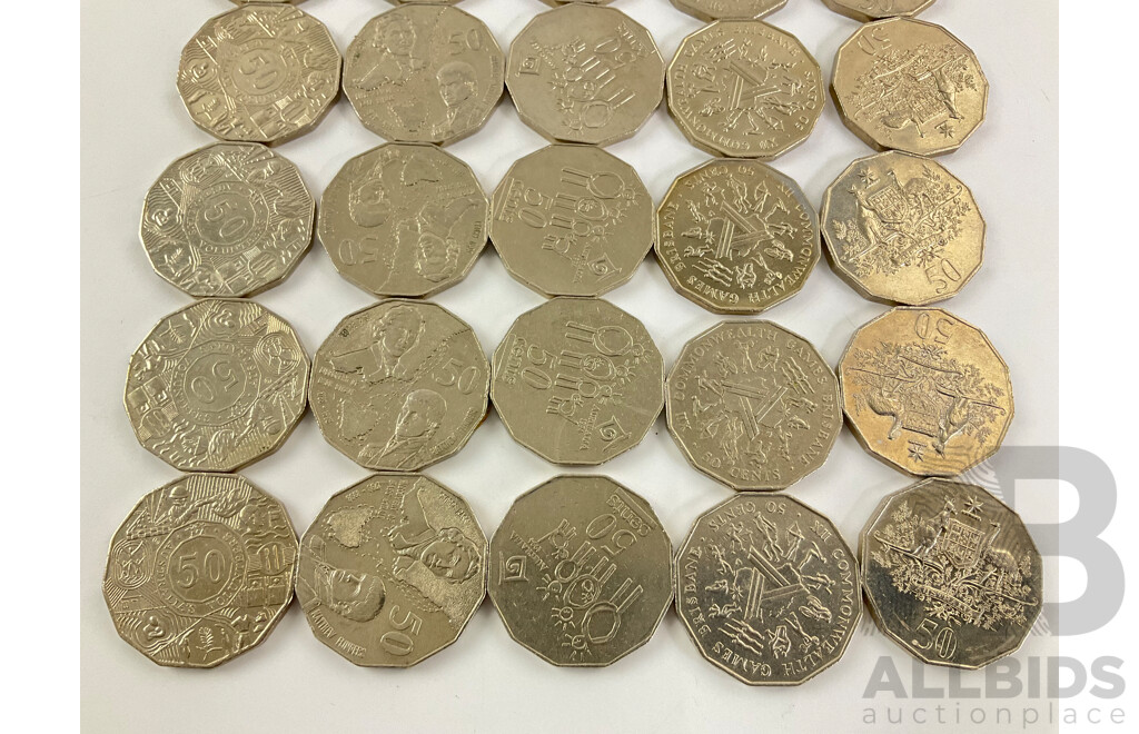 Twenty Five Australian Commemorative Fifty Cent Coins Including 1982 Commonwealth Games(5) 1994 Year of the Family(5) 1998 Bass/Flinders(5) 2001 Coat of Arms Federation(5) 2003 Volunteers(5)