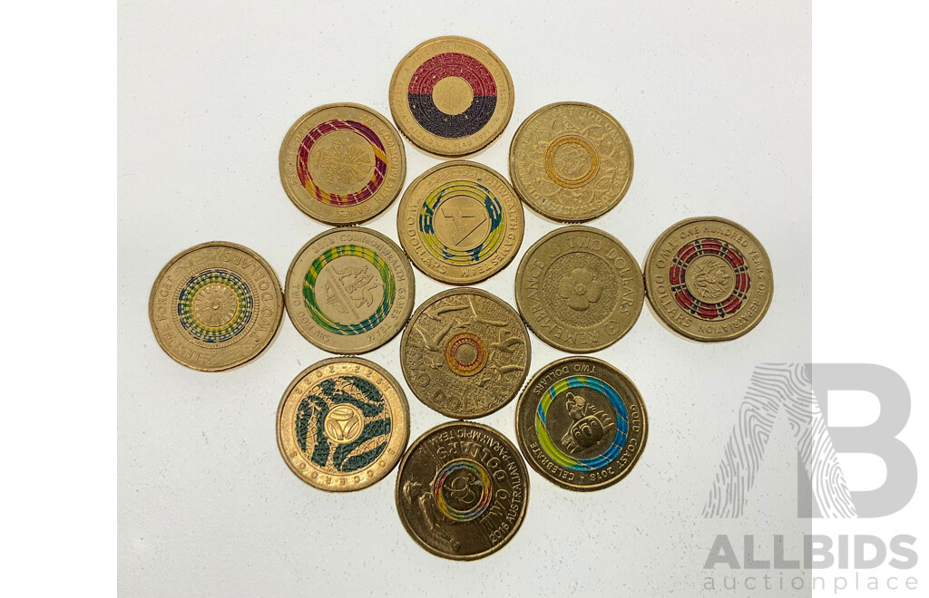 Twelve Australian Commemorative Two Dollar Coins Including 2012 Remembrance, 2019 Repatriation, 2021 Aboriginal Flag, 2015 Remembrance